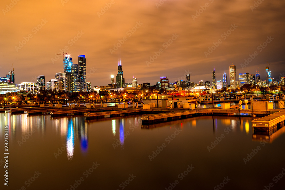 Chicago skyline at dusk view from the harbor, Chicago IL 2018 Chicago skyline at dusk view from the harbor, Chicago IL 2018