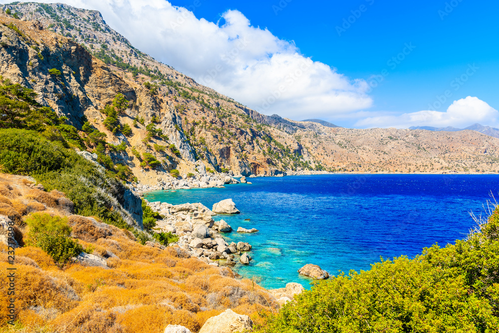 Beautiful sea coast and mountains near Apella beach on Karpathos island, Greece