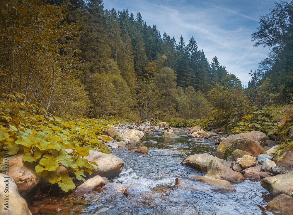 River in mountains with rocks, yellow grass on riverside. Autumn mountains landscape, sky, clouds. Idea for outdoor activities, travel . River in mountains with rocks, yellow grass on riverside. Autumn mountains landscape, sky, clouds. Idea for outdoor activities, travel .