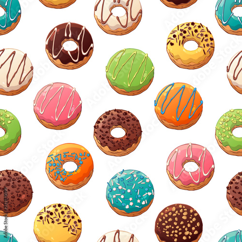 Pattern of vector colorful illustrations on the sweets theme; set of different kinds of glazed donuts decorated with toppings, chocolate, nuts. Realistic isolated objects for your design.