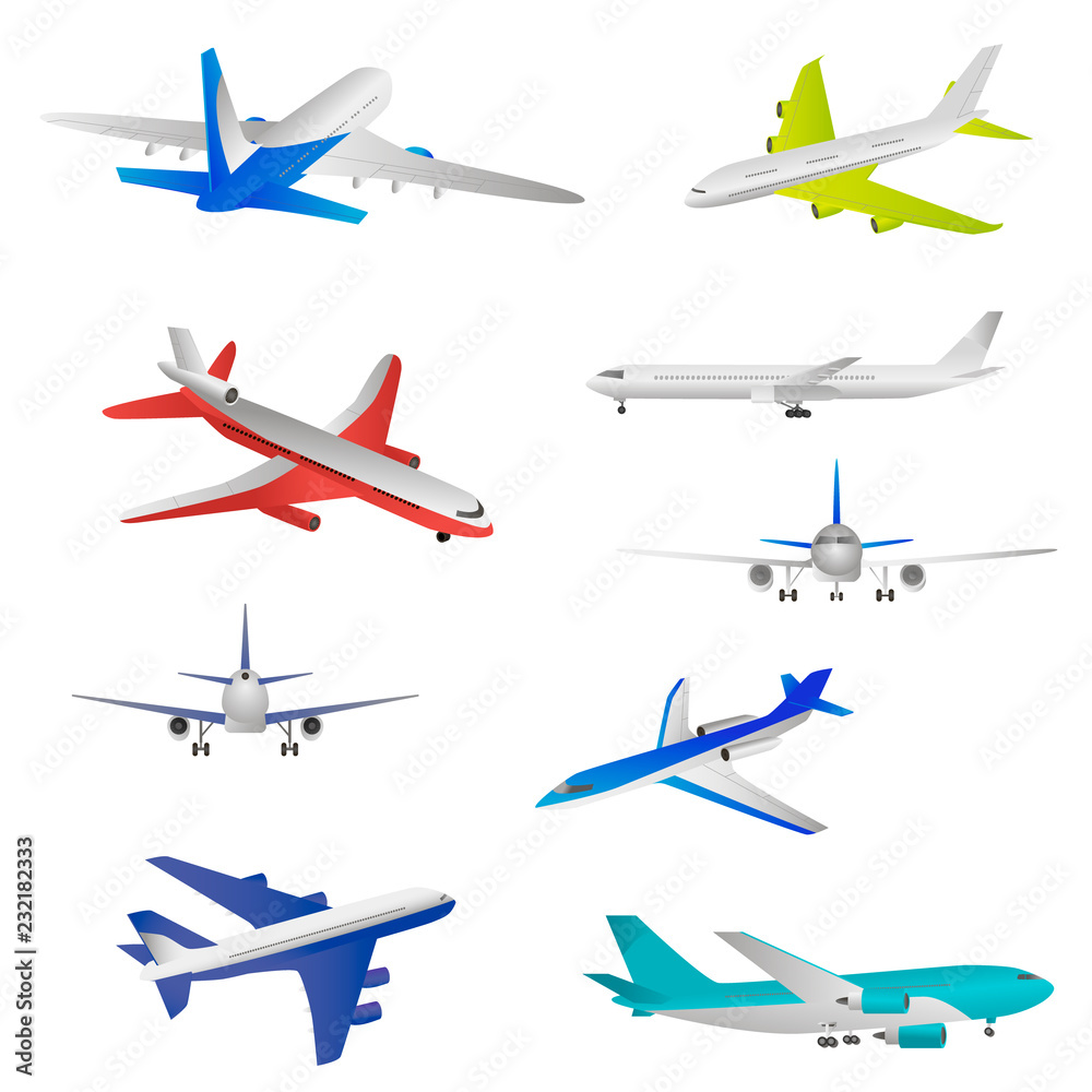 Flying airplanes, jet planes, airliners of different models, a detailed overview from different angles.