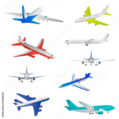 Flying airplanes, jet planes, airliners of different models, a detailed overview from different angles.