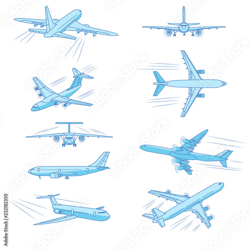 Flying airplanes, jet planes, airliners of different models, a detailed overview from different angles.