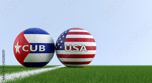 USA vs. Cuba Soccer Match - Soccer balls in USA and Cuba national colors on a soccer field. Copy space on the right side - 3D Rendering 