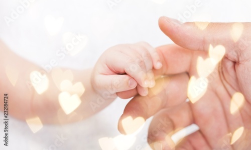 New born baby hand holding kuman hand on white background