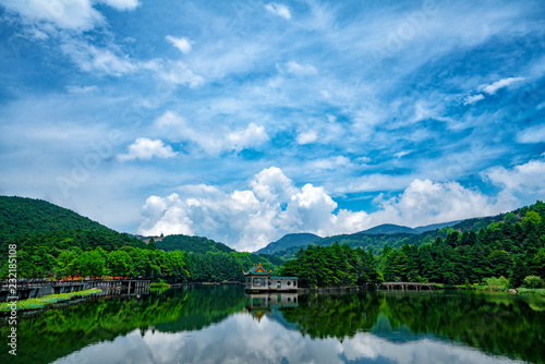 Blue sky over Lake Lulin. Lushan, China.