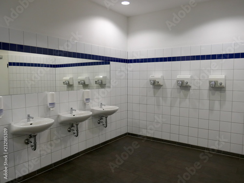 Modern wash room and sanitary facilities in a public building, Germany, Europe.
Interior of public clean wash room in shared toilet there is a wide selection of sinks with mirrors and clean toilets
