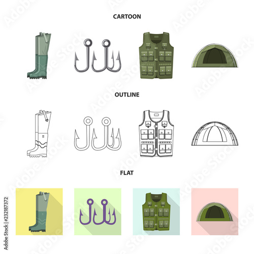 Vector design of fish and fishing sign. Set of fish and equipment stock symbol for web.