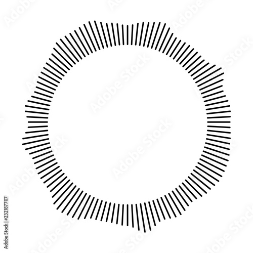Black ring of short thin rays with wavy silhouette on white background. Stylish abstract design element.