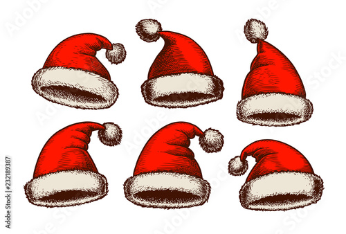 Santa Claus hat, vintage. Christmas sketch. Vector illustration