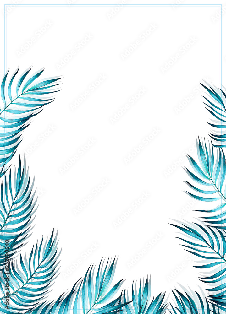 Watercolor frame with tropical palm leaves, turquoise on white background. Hand drawn illustration. Watercolor frame with tropical palm leaves, turquoise on white background. Hand drawn illustration.