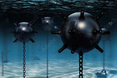 Fényképezés Underwater mines, naval mines. 3D rendering