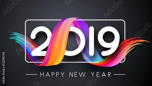 Happy New Year 2019 festive poster with gradient brush stroke on grey background.