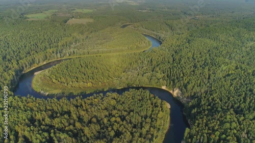 River and Green Forest nature near summer Cesis city in Latvia, Gauya, 4K drone flight landscape from above photo