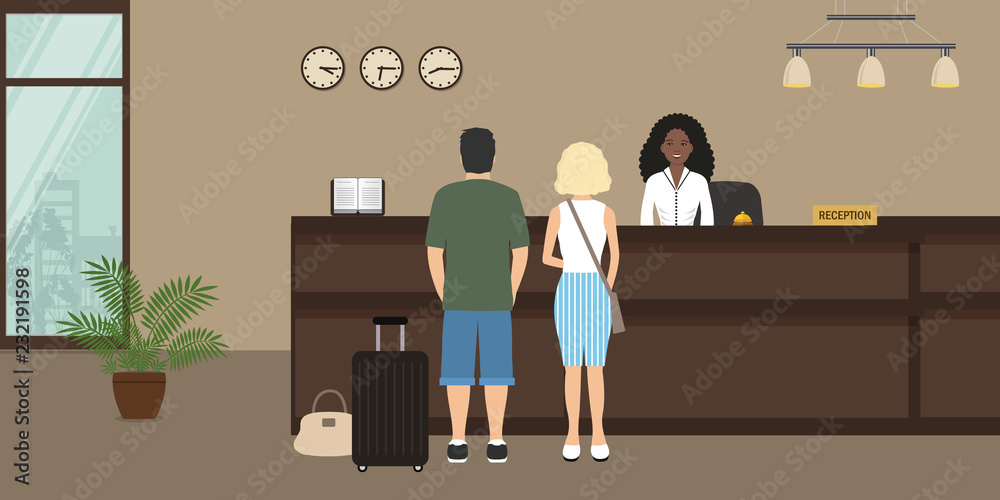 Hotel reception. Young woman receptionist stands at reception desk. There are also visitors here. Travel, hospitality, hotel booking concept. Vector illustration Hotel reception. Young woman receptionist stands at reception desk. There are also visitors here. Travel, hospitality, hotel booking concept. Vector illustration