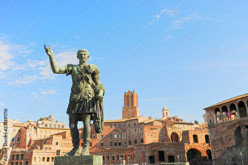 Statue of the Emperor Trajan in Fori Imperiali street, Rome, Italy