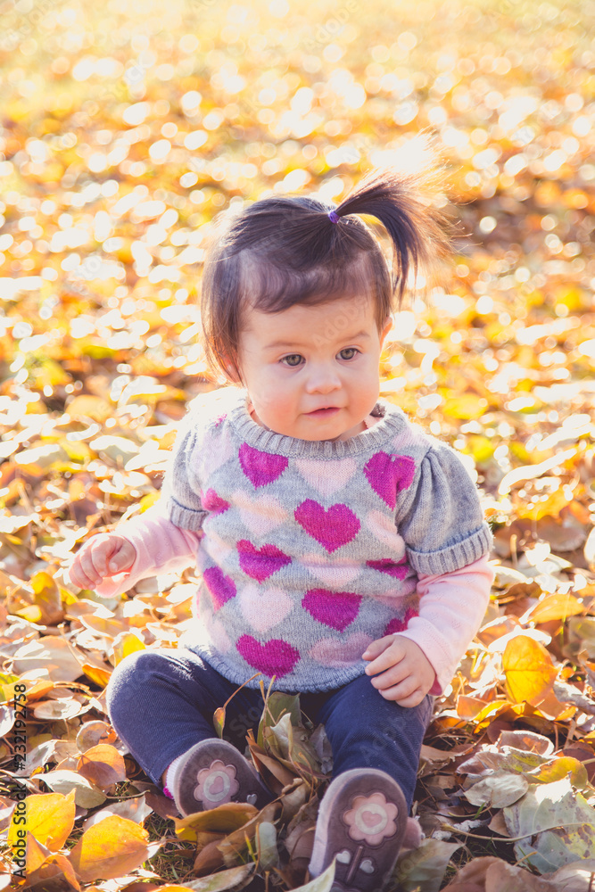 Baby girl happy in Fall leaves Baby girl happy in Fall leaves