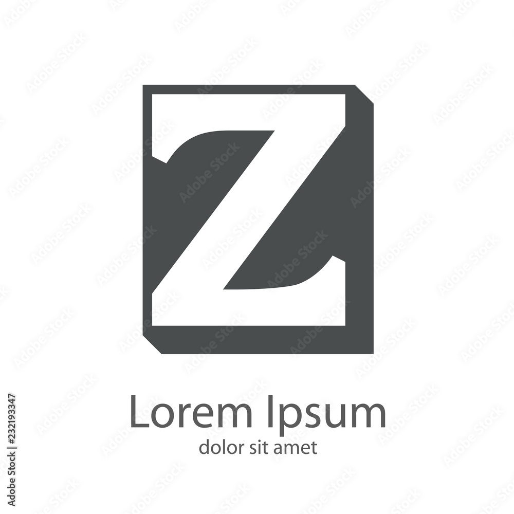 Logotipo letra Z espacio negativo en fondo cuadrado tridimensional gris