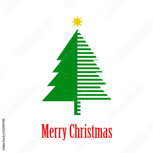 Logotipo con texto Merry Christmas con árbol de navidad abstracto con líneas paralelas en la mitad