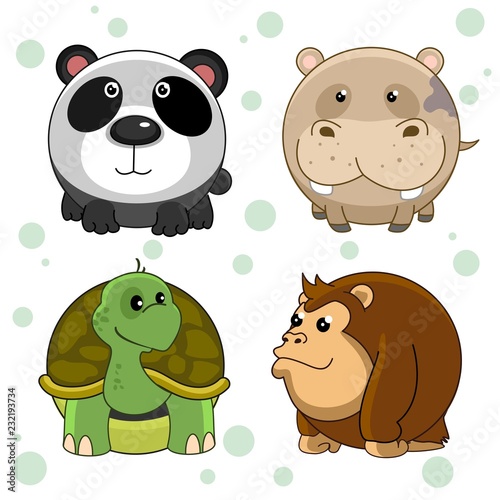 Set of beautiful round animal icons for kids and design. Round wild animals panda, hippopotamus, turtle and chimpanzee monkey.
