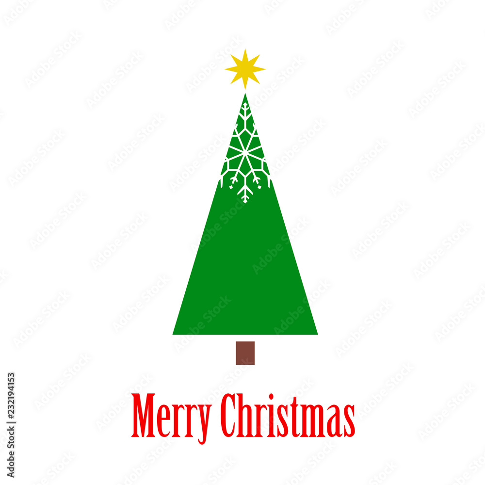Logotipo con texto Merry Christmas con árbol abstracto con copo de nieve en la parte superior Logotipo con texto Merry Christmas con árbol abstracto con copo de nieve en la parte superior