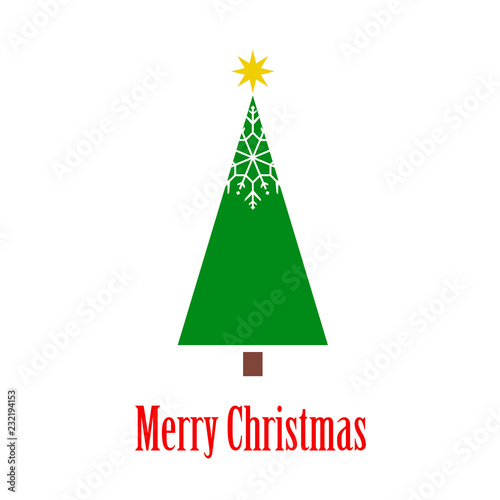 Logotipo con texto Merry Christmas con árbol abstracto con copo de nieve en la parte superior