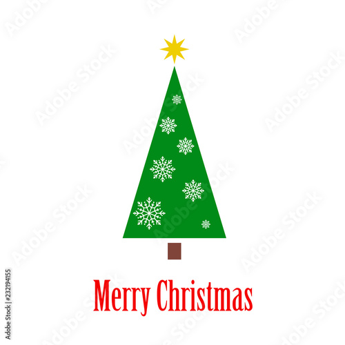 Logotipo con texto Merry Christmas con árbol abstracto con copos de nieve