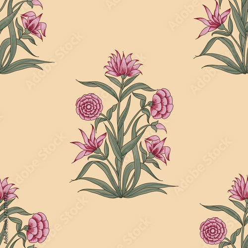 Woodblock printed seamless ethnic floral all over pattern. Traditional oriental motif of India Mogul with bouquets of pink carnations on ecru background. Textile design.