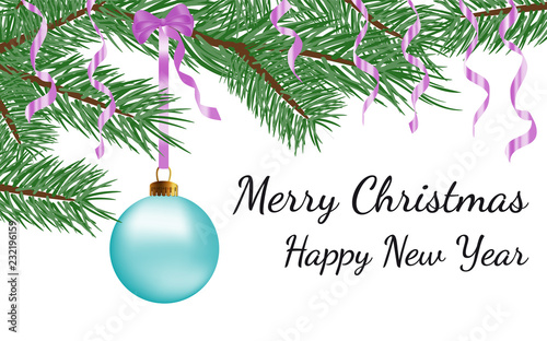Merry Christmas happy new year, greeting card design with Vector realistic blue glass christmas ball with fir branch and decorative pink ribbon isolated on white background. Glossy, shiny bauble on