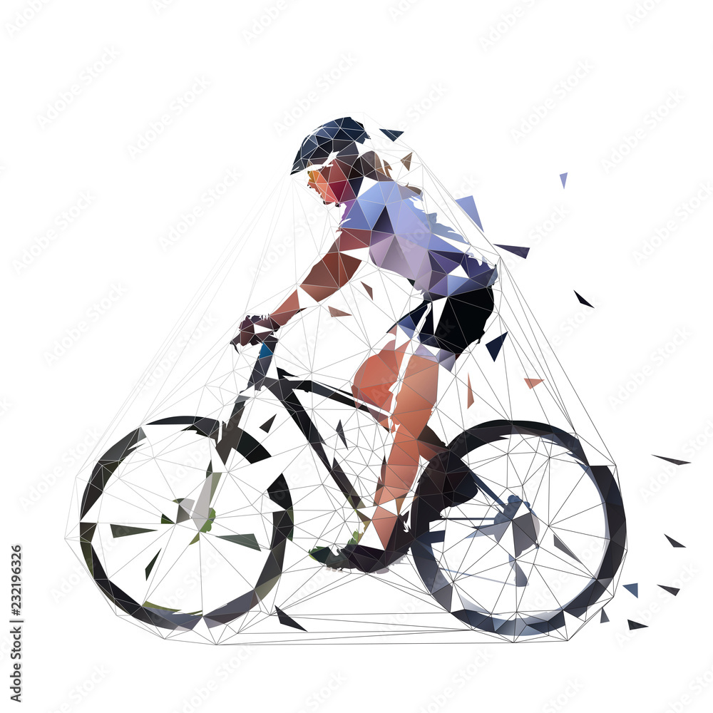 Obraz premium Mountain biking, low polygonal woman illustration, side view. MTB female biker. Cycling