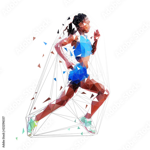 Running woman, low polygonal african american athlete. Isolated vector illustration, side view