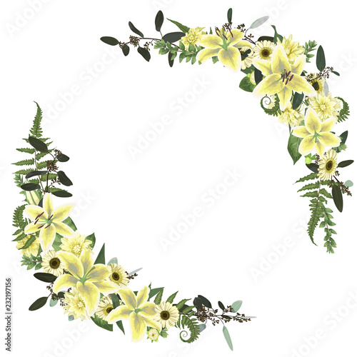 Fototapeta Naklejka Na Ścianę i Meble -  Vector floral bouquet design set, green forest leaf, fern, branches, buxus, eucalyptus. Flowers of yellow, white lily, gerbera, dahlia. Watercolor style, herbs. Wedding for invite
