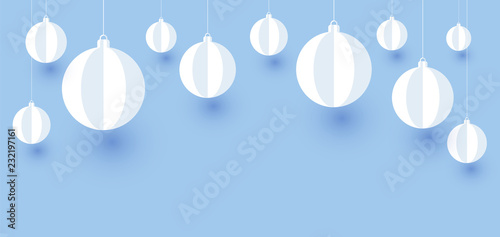 Blue Christmas banner with white paper Christmas balls.
