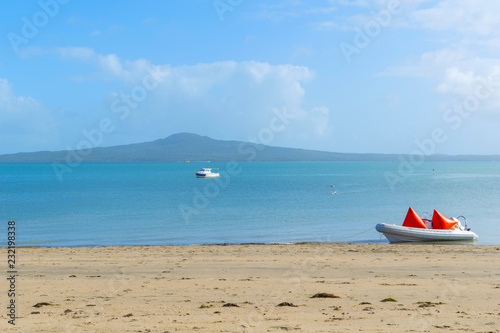 Landscape Scenery of Kohimarama Beach Auckland New Zealand; View to Rangitoto Island Across Auckland Harbour
