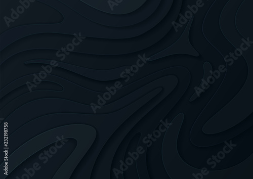 Abstract paper cut black background with wavy layers; Realistic carving art; Vector 3d template; Material design concept.