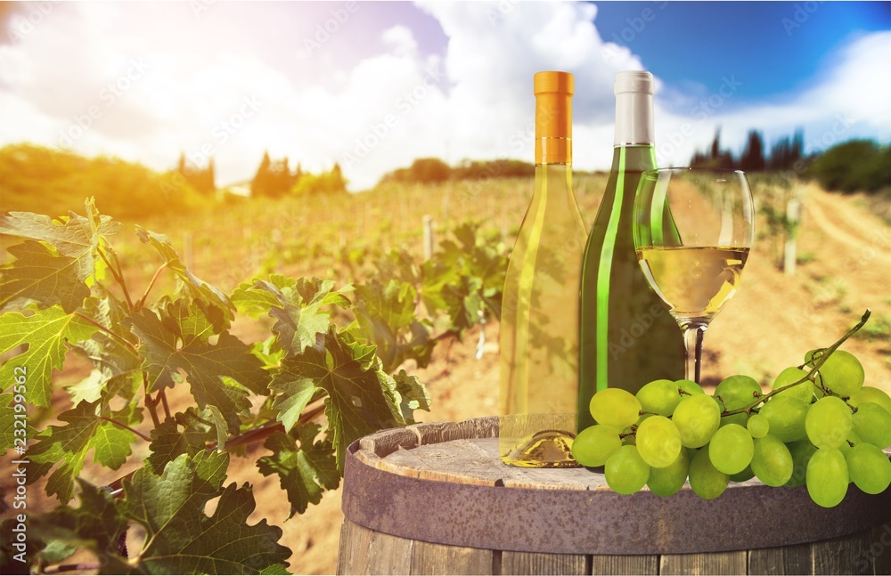 Bottle of wine with grapes on  background
