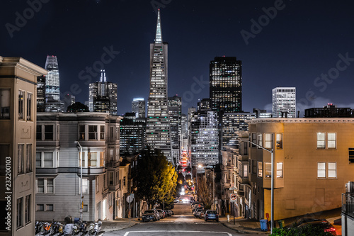 San Francisco's financial district skyline on a clear starry night, California
