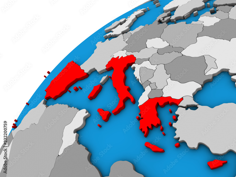 Southern Europe on 3D globe.