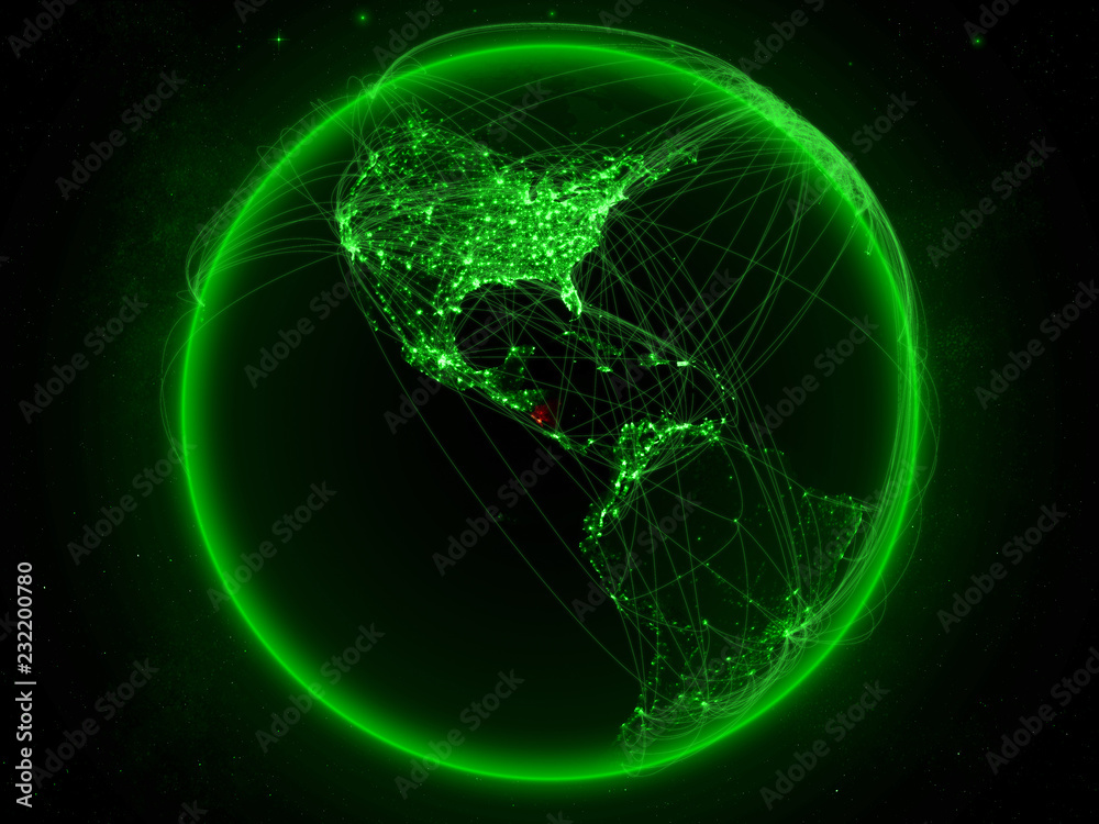 Nicaragua from space on planet Earth with green network representing international communication, technology and travel.