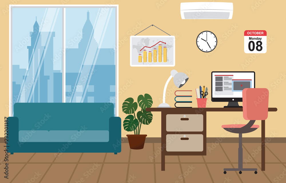 Fototapeta premium Office Workspace Workplace Table Computer Business Flat Design
