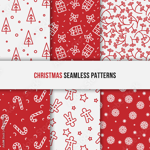 Set of six seamless Christmas patterns. White and red classic color scheme. Simple monoline designs, illustrations of Christmas trees, snow flakes, ginger bread, candy and branches. Clean design