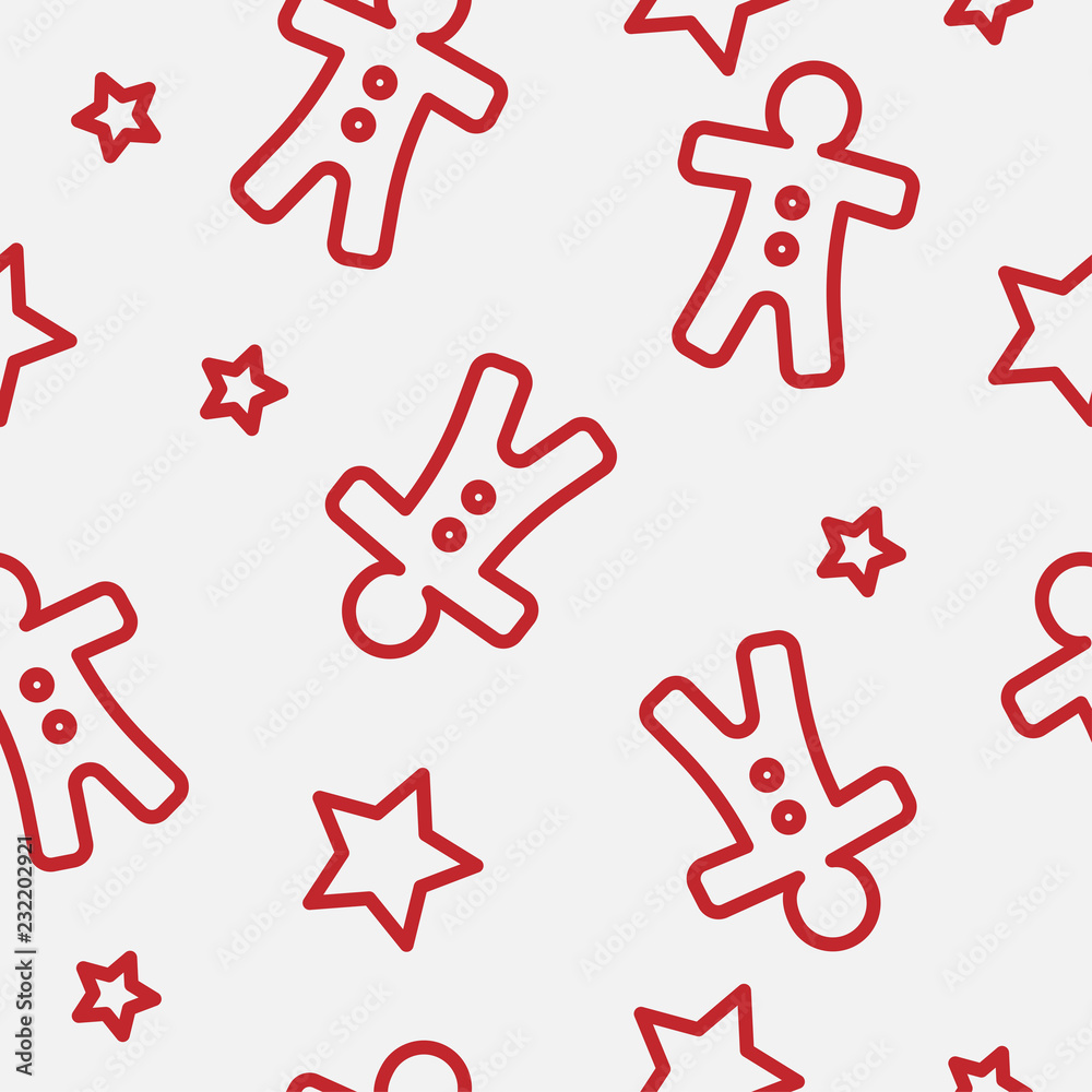 Christmas seamless pattern in white and red traditional colors. Simple clean monoline illustrations. Wrapping paper design or fabric textile holidays idea. Ginger bread and stars decoration Christmas seamless pattern in white and red traditional colors. Simple clean monoline illustrations. Wrapping paper design or fabric textile holidays idea. Ginger bread and stars decoration