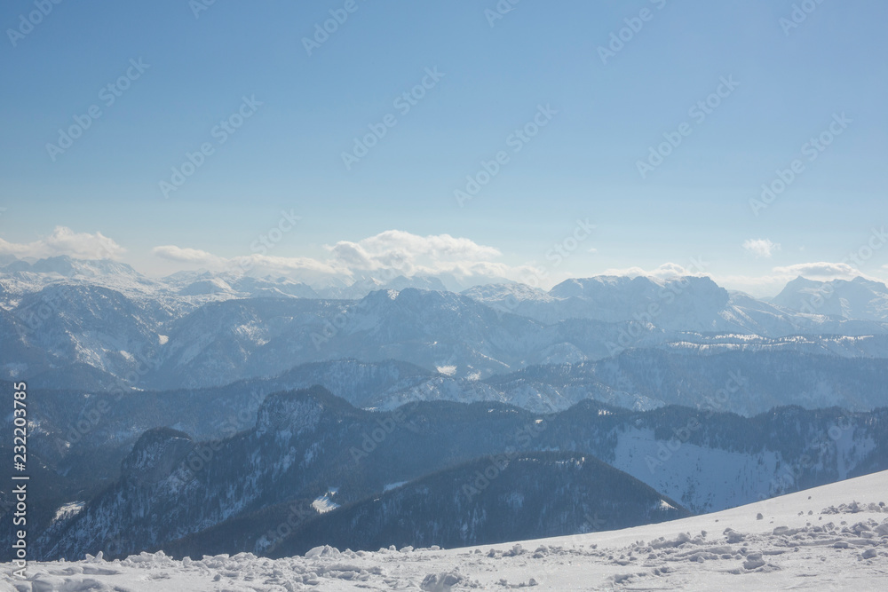 Fototapeta premium Panoramic view on Austrian Alps on the sunny winter day
