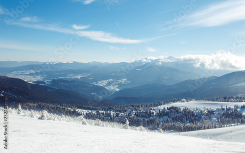 beautiful view of the mountains from a high point. Concept of travel, freedom, beauty of nature. beautiful day, sunny weather, blue sky.