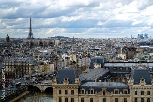 View over Paris towards Eiffel Tower from Notre Dame