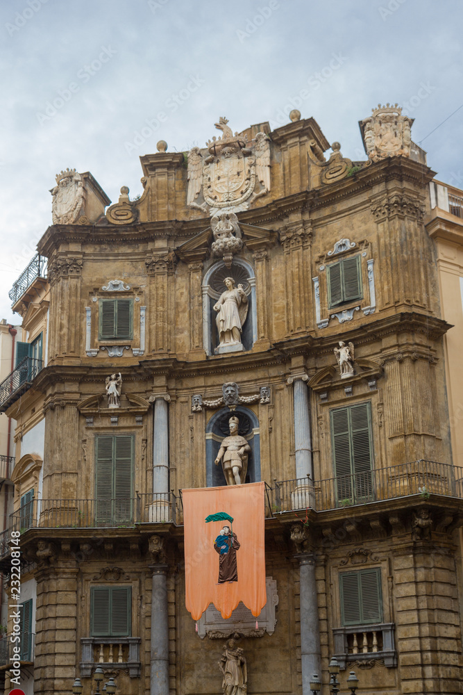 The famous baroque Quattro Canti square in Palermo, Sicily, Italy.