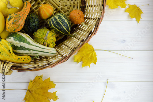 Colorful decorative pumpkins and gourds in a basket in autumn on a wooden table.