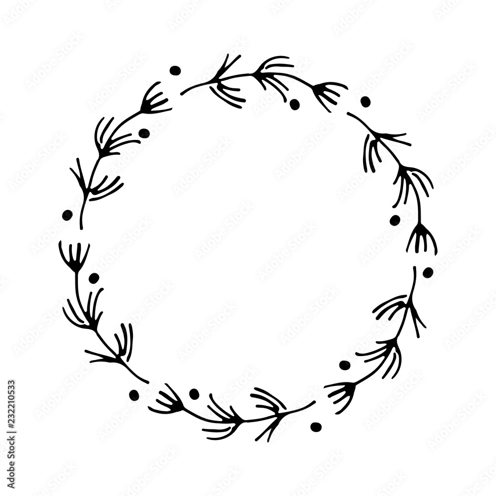 Christmas wreath Round Frames set hand drawn doodles. Vector illustration