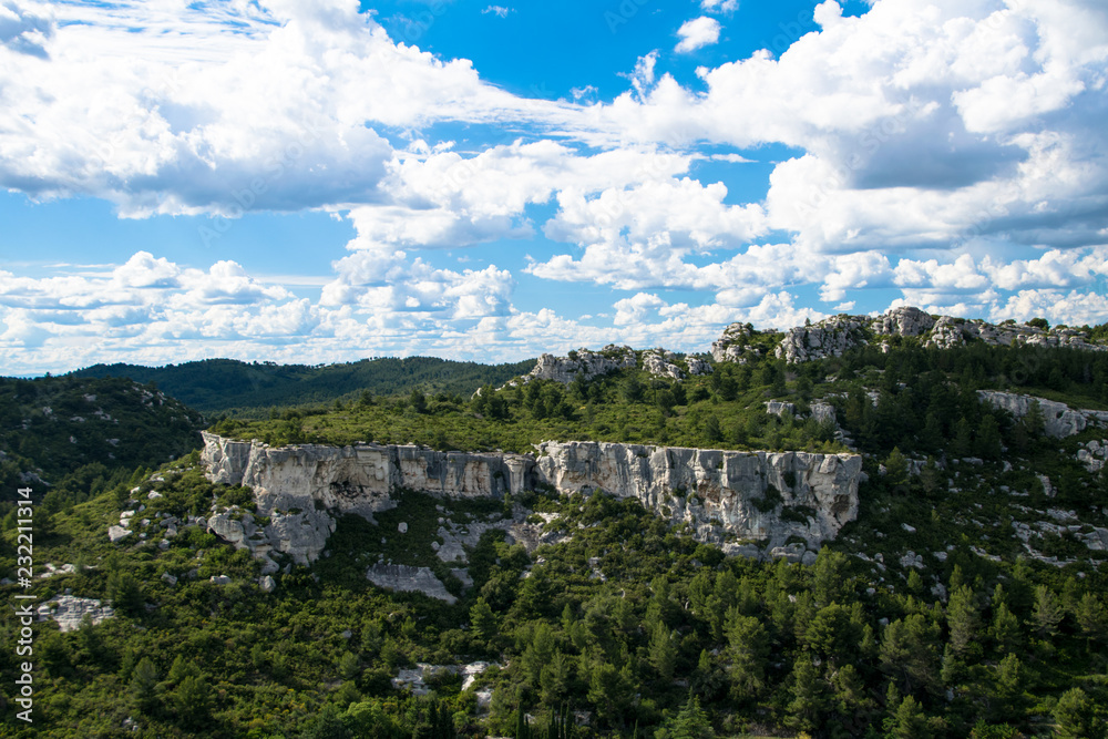 A view of the beautiful Alpilles countryside as seen from the Medieval ruins of the fortress of Les-Baux-De-Provence in France