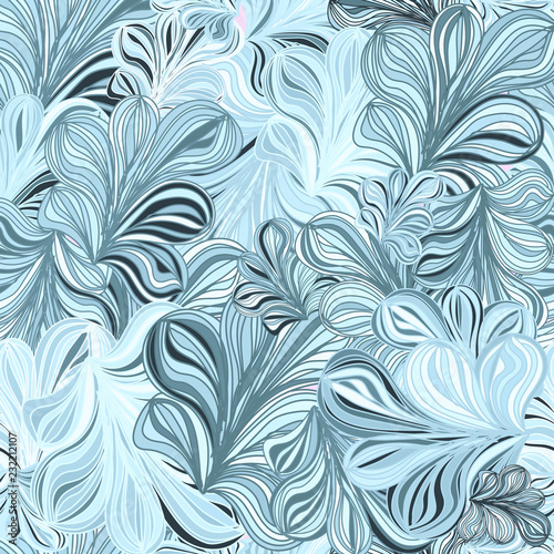 Seamless abstract blue color hand drawn pattern. Waves Background. Frosted window...
